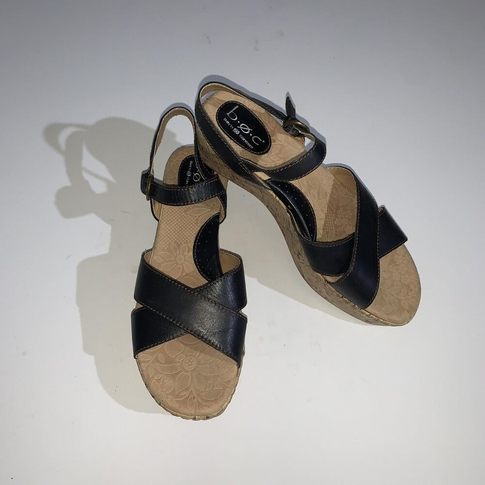 B.O.C Sandals Womens Size 10 Black Leather Slingback Cork Wedge Comfort Shoes